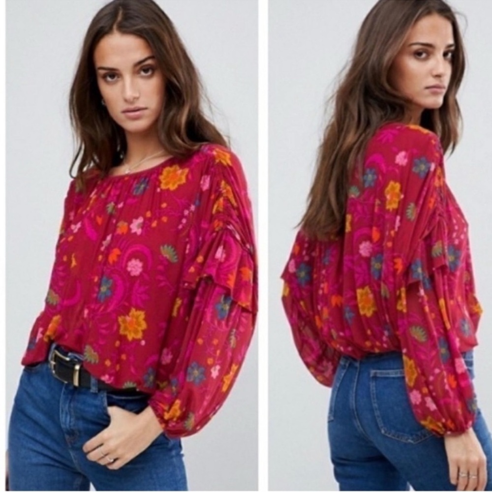 Free People Wildflower Honey Pink Floral Ruffle Blouse